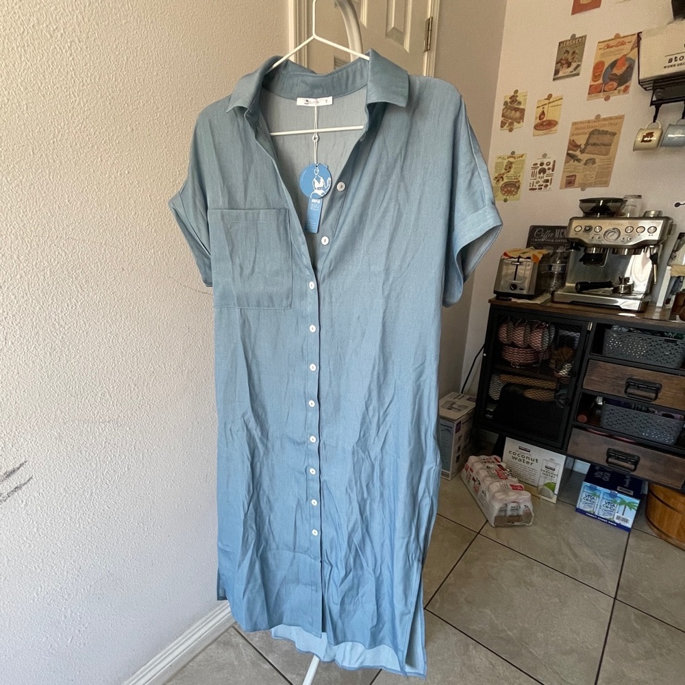 Shirt Collar Bell Sleeve Button Dress - Picture 5 of 5
